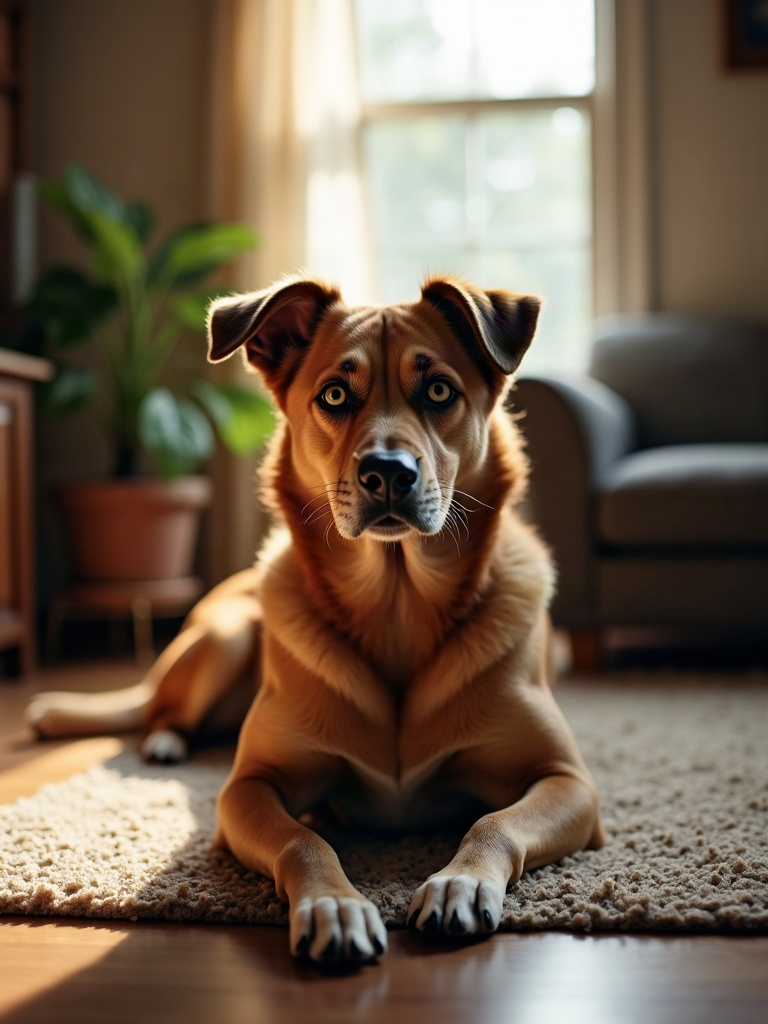 Perro tranquilo mirando a cámara en el living de una casa